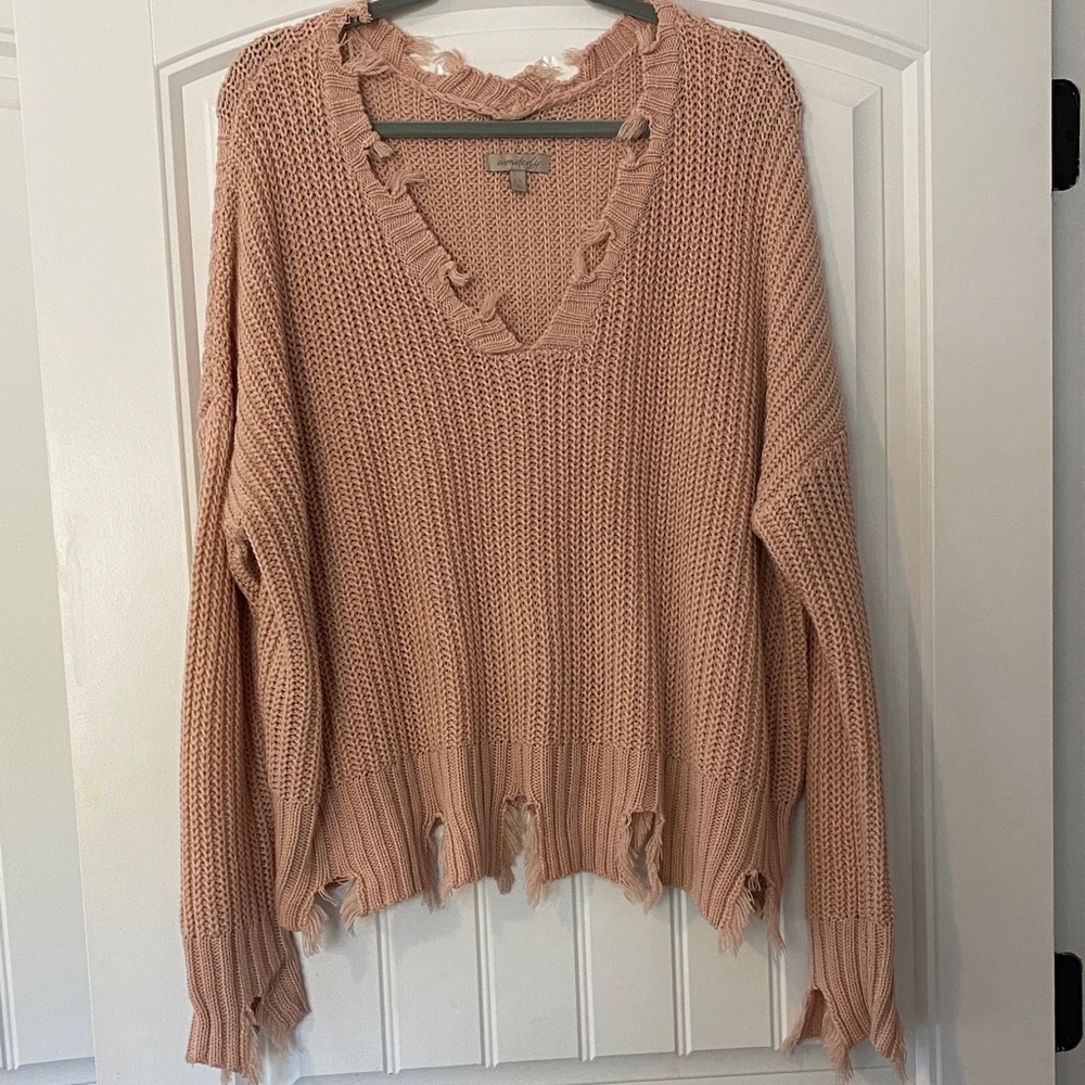 Wonderly V-Neck Distressed Sweater in Blush size 0X